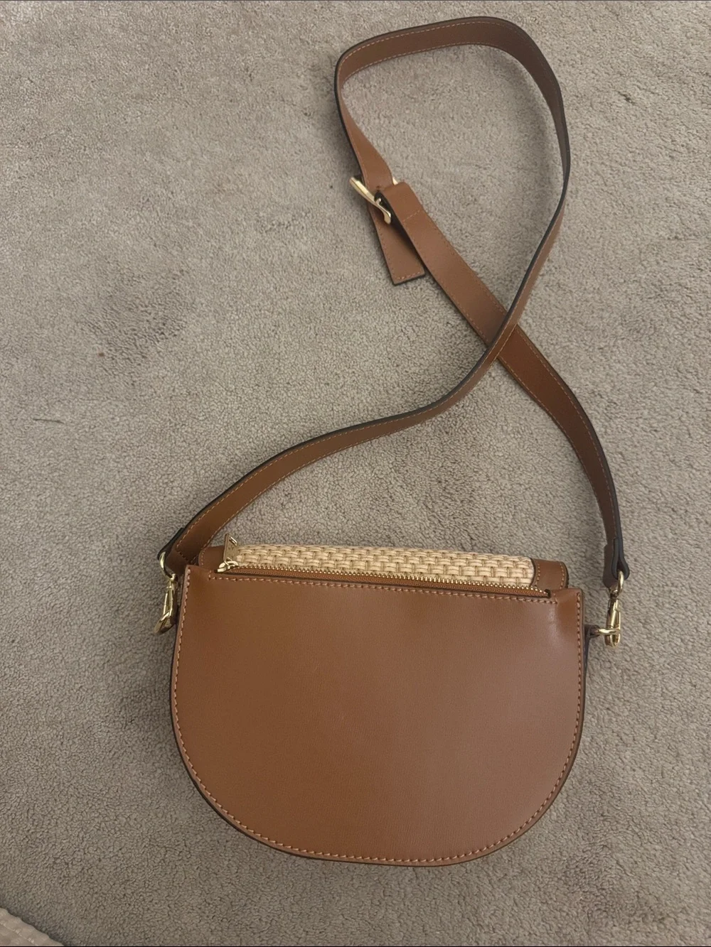 Cheval Firenze Raffia and Leather Woven Saddle Crossbody Bag in Tan and Natural